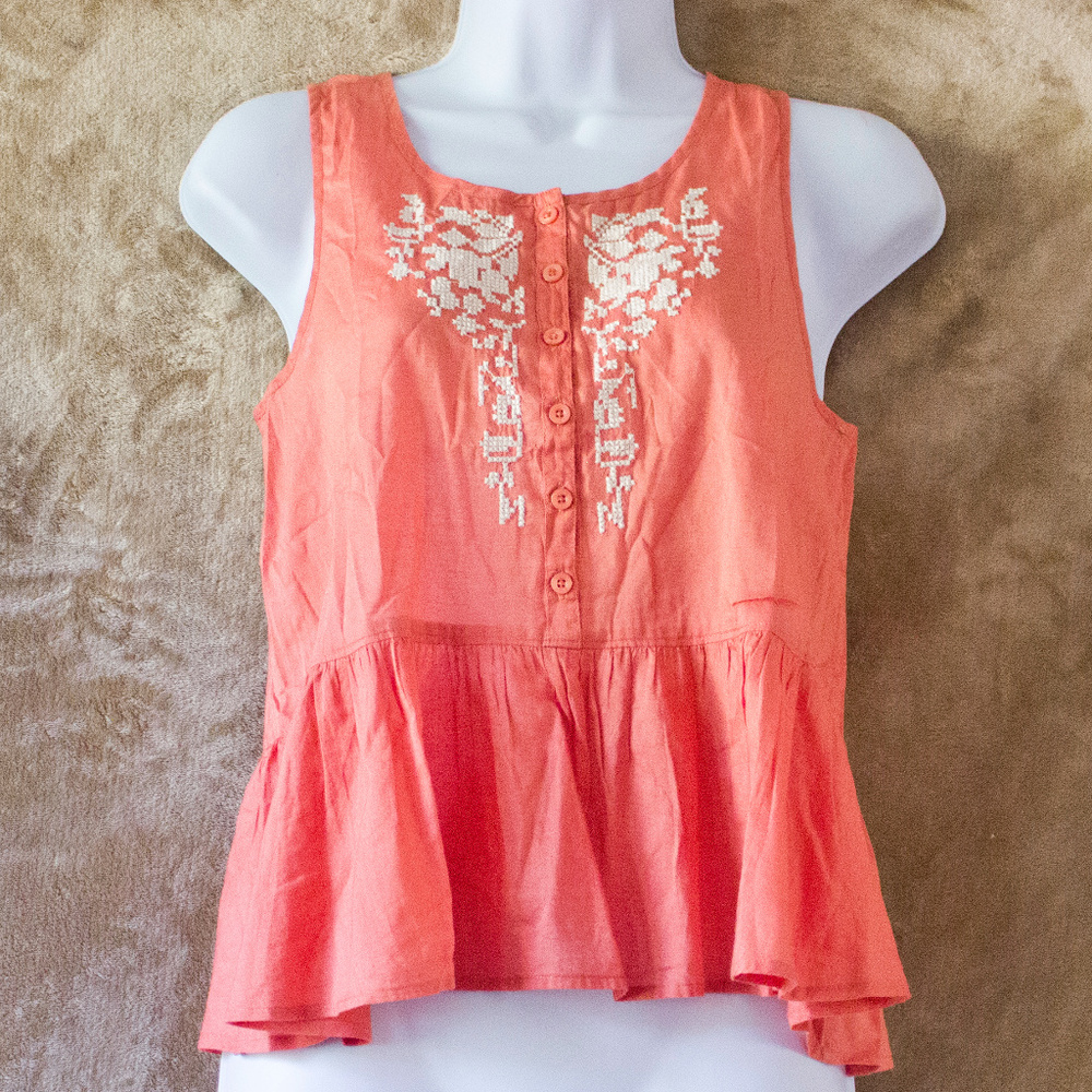 2/$20 Cottagecore Tank Peplum Coral Embroidered